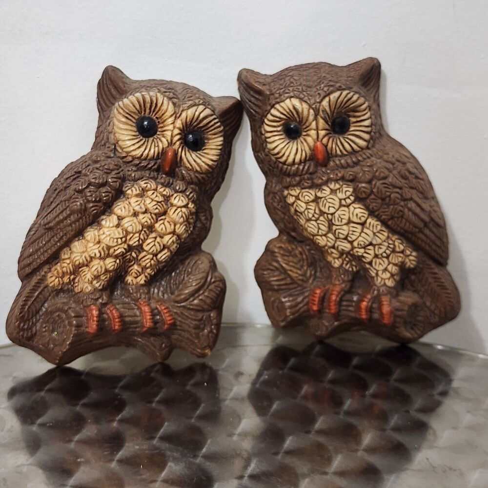 Vintage Homco Owl Wall Plaques Set of 2 1970s Molded Foam Craft Retro MCM Decor